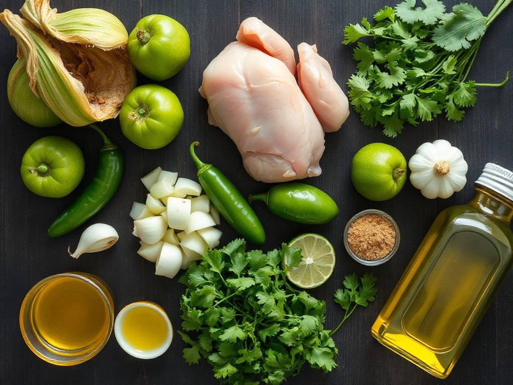 Fresh ingredients for tomatillo chicken chili verde arranged on a wooden board.
