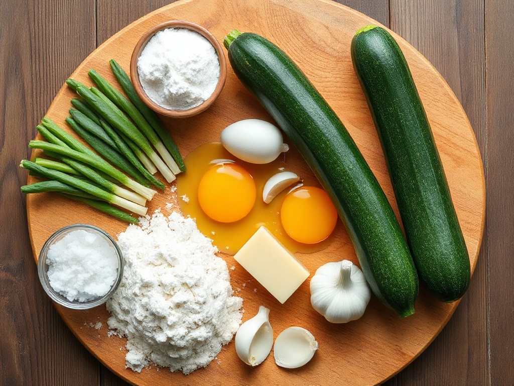 Fresh ingredients for zucchini fritters on a wooden board