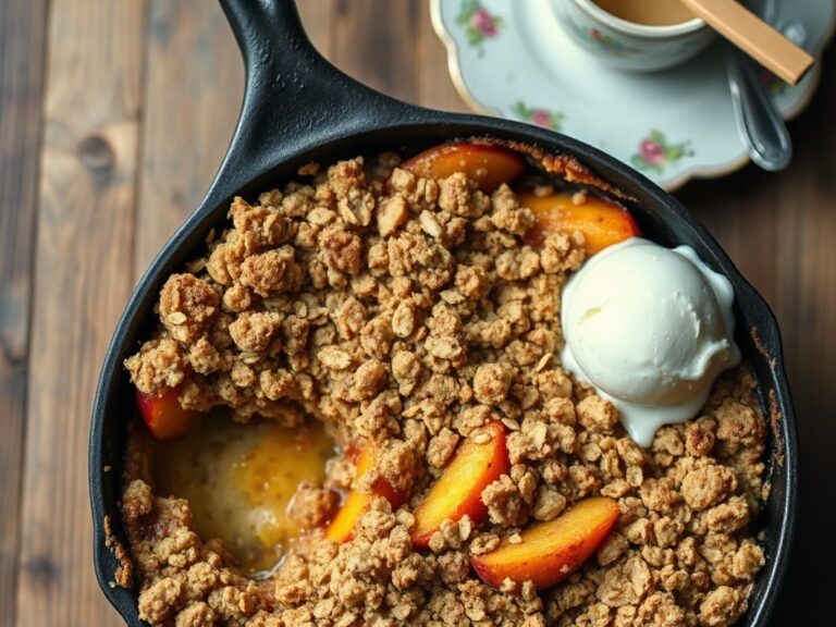 Easy peach crisp with golden oat topping and melting ice cream, baked in a cast iron skillet