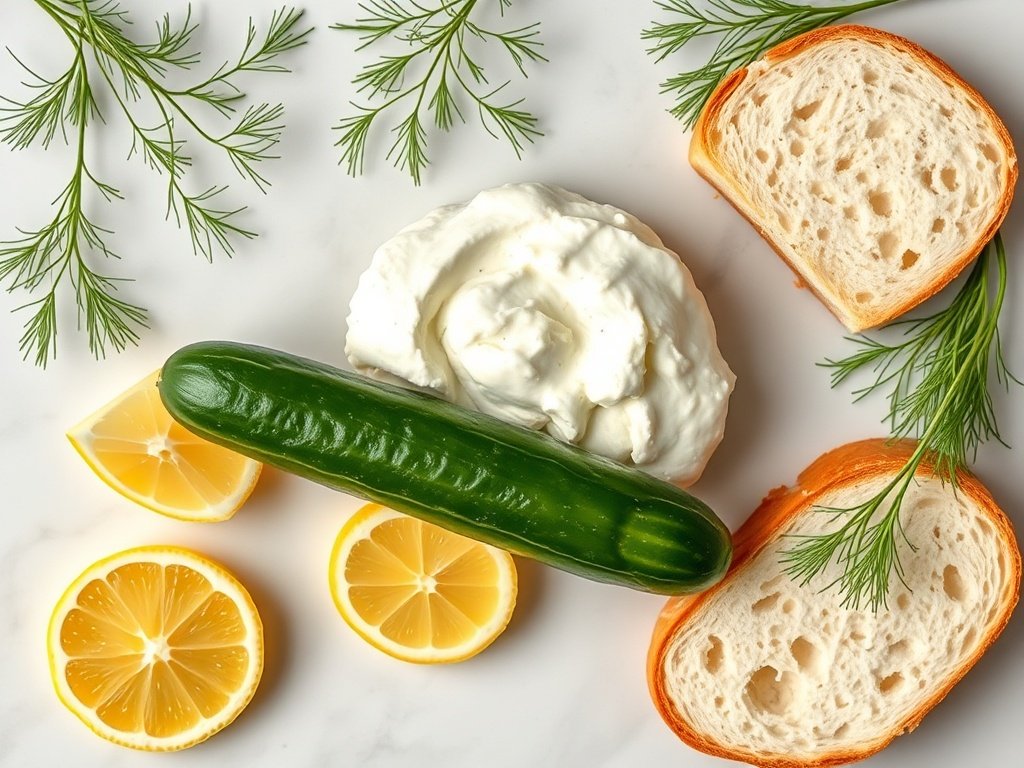 Fresh ingredients for cucumber sandwiches laid out on a marble surface