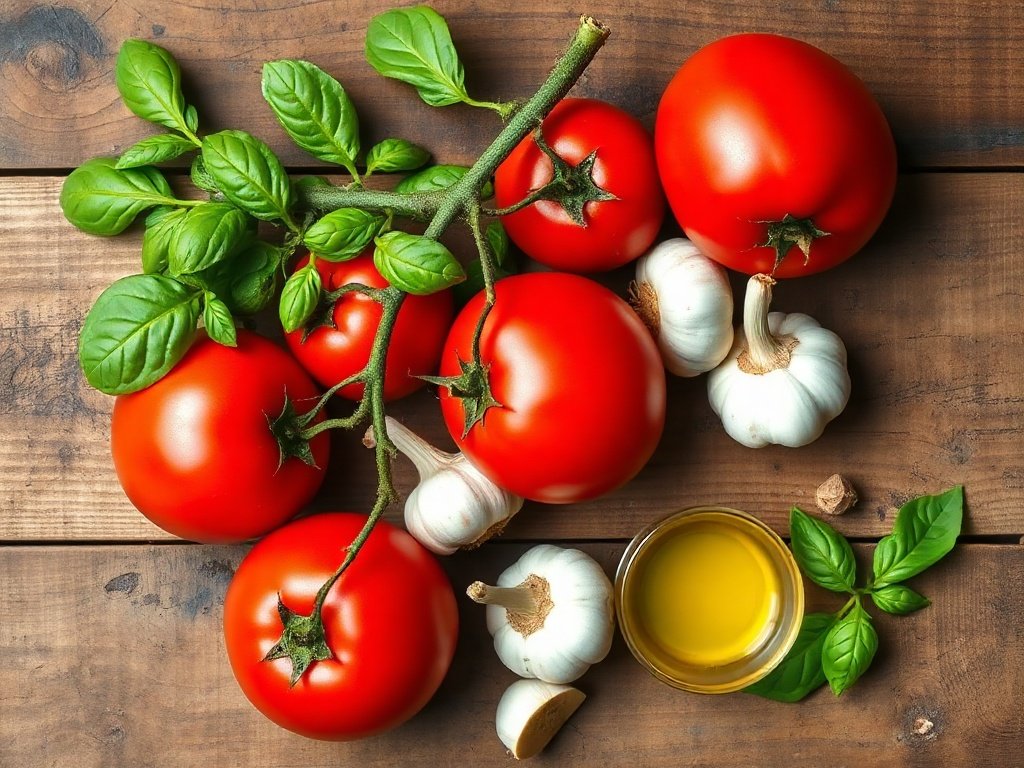 Flat lay of fresh tomatoes, garlic, and basil on a wooden surface.
