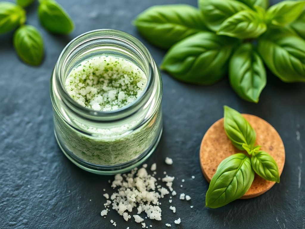 Vibrant green homemade basil salt stored in a small glass jar, sprinkled on a dark surface with fresh basil leaves.