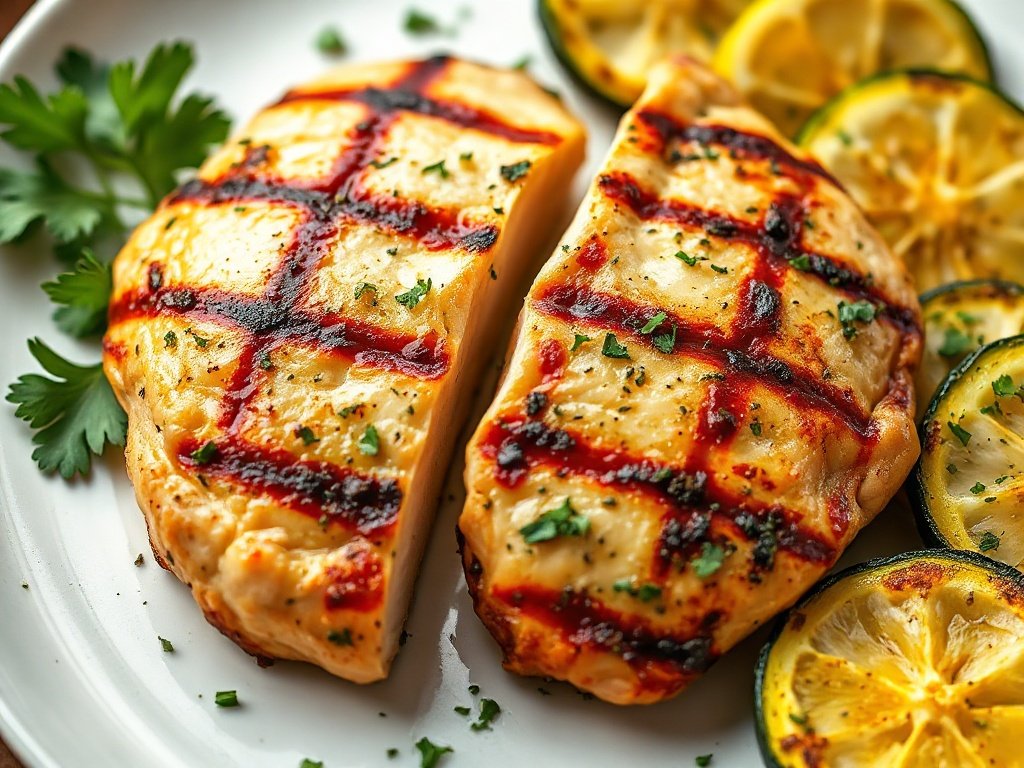 Juicy air fryer lemon herb chicken breast slices with crisp zucchini rounds, healthy weight loss recipe.