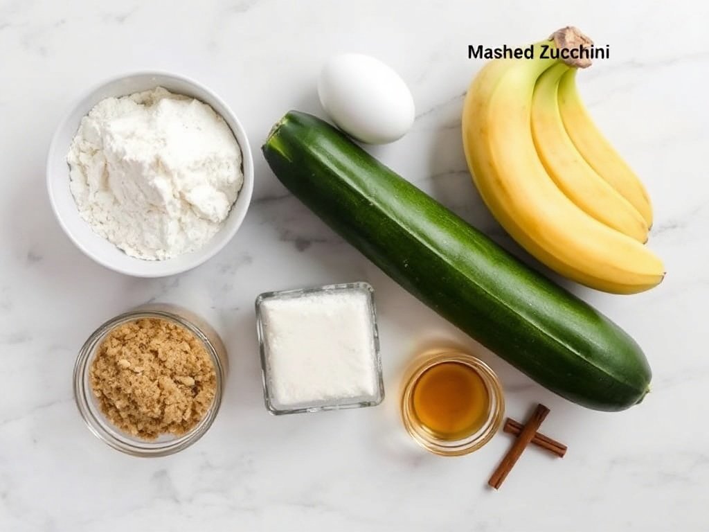 Ingredients for zucchini banana bread arranged on a marble surface