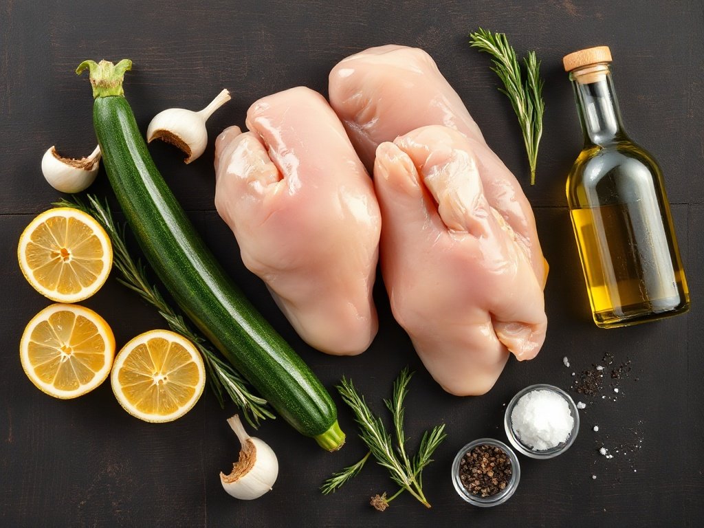 Raw chicken breasts, zucchini, lemon, garlic, herbs, and olive oil arranged beautifully for a healthy air fryer recipe.