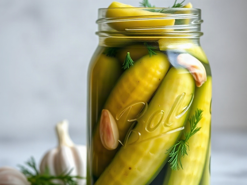 A mason jar filled with homemade canned dill pickles, garlic, and fresh dill herbs.