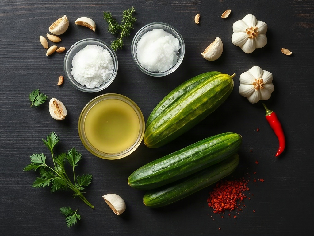 Top view of ingredients for homemade refrigerator pickles arranged on a dark wood surface