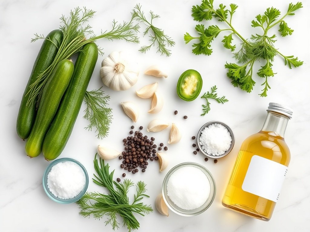 Fresh ingredients for homemade dill pickles arranged on a marble surface.