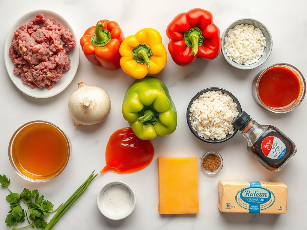 Flat lay of ingredients for unstuffed peppers including bell peppers, ground beef, rice, and tomato sauce.