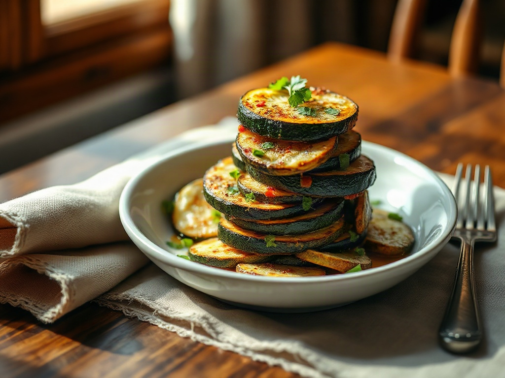 Garlic Parmesan Zucchini Skillet plated in a white ceramic bowl with melted cheese and fresh parsley garnish
