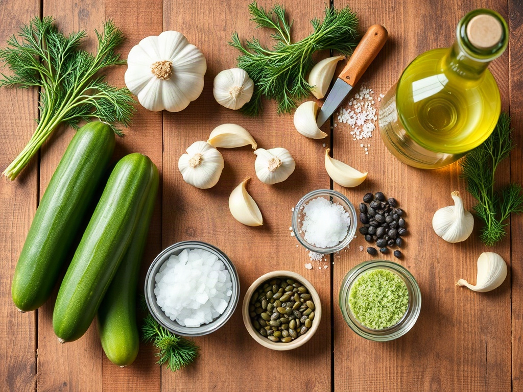 Top down view of raw ingredients for canning including cucumbers, dill, garlic, and vinegar.