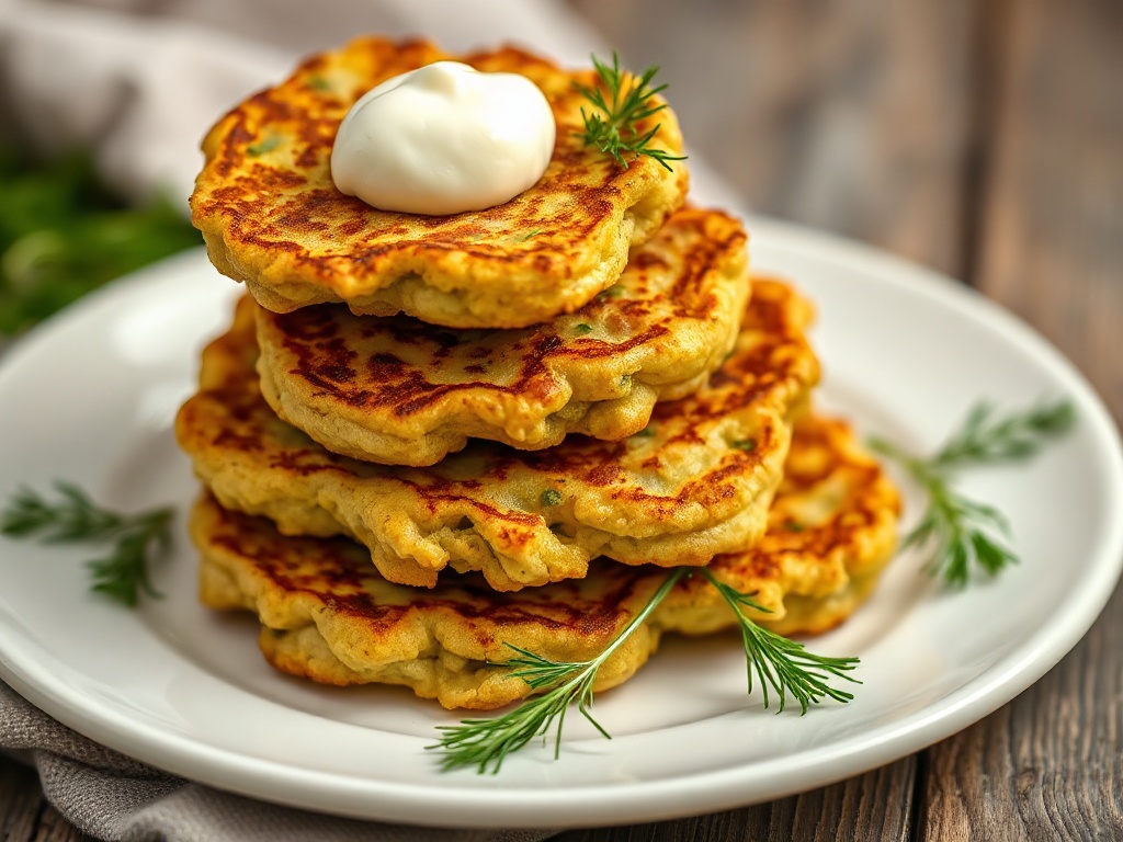 Stack of crispy golden zucchini fritters with sour cream and dill