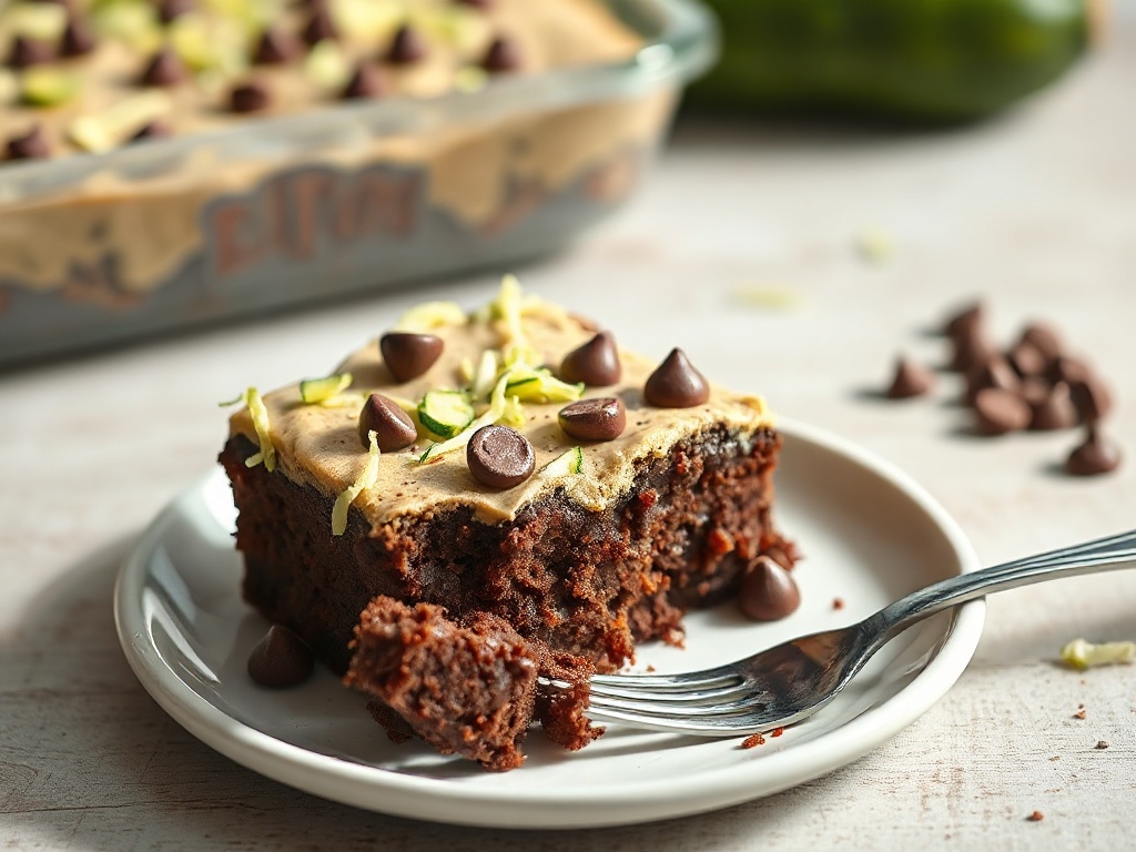 Plated slice of chocolate zucchini cake with chocolate chips and a fork