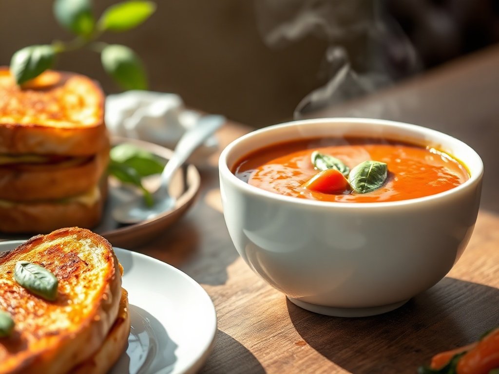 Roasted tomato basil soup with a side of grilled cheese sandwich for dinner.
