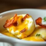 Close-up of cheesy high protein low carb bacon egg bites on a white plate, perfect for a keto breakfast.
