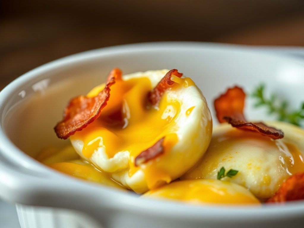 Close-up of cheesy high protein low carb bacon egg bites on a white plate, perfect for a keto breakfast.