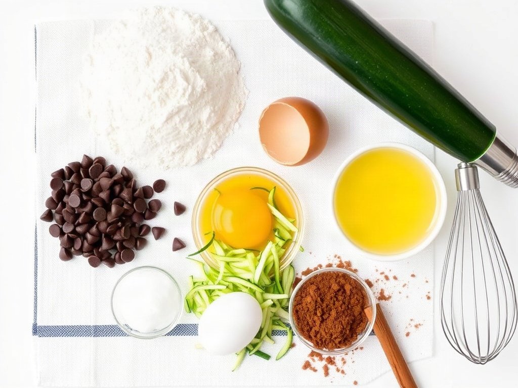 Top-down view of zucchini, flour, chocolate chips, egg, oil and spices arranged for making chocolate chip zucchini bread.