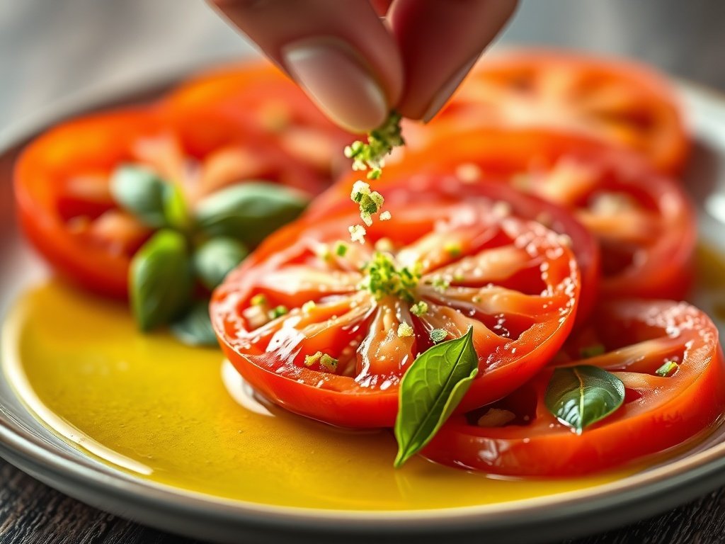 A person's hand sprinkling green basil salt over a plated sliced heirloom tomato, food photography.