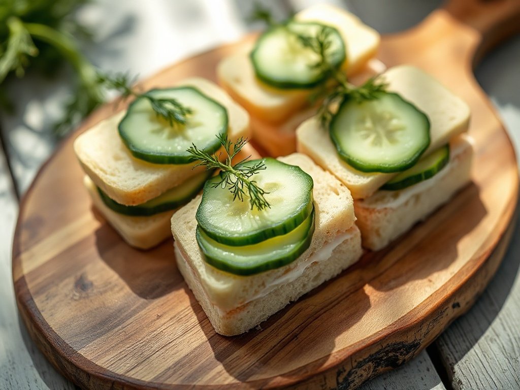 Plated cucumber sandwiches with dill garnish on a wooden board