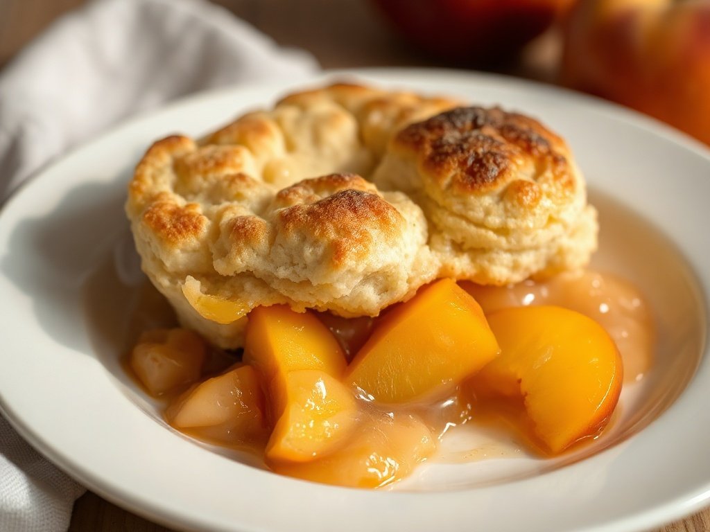 Bowl of fresh peach cobbler dessert