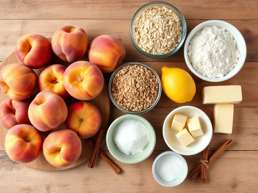 Flat lay of fresh peaches, oats, butter, flour, and spices for peach crisp recipe