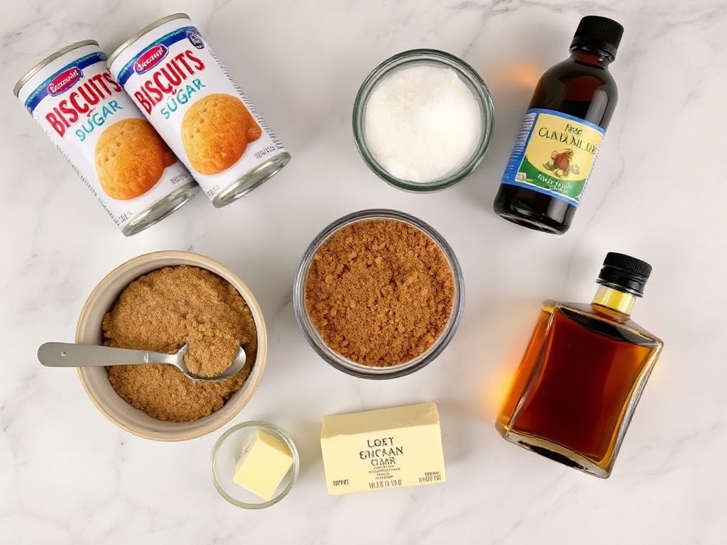 Top-down view of ingredients for monkey bread including biscuits, cinnamon, butter, and sugars on a marble surface.