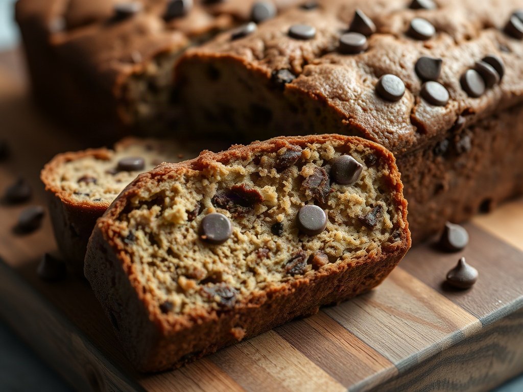 A moist chocolate chip zucchini bread loaf with gooey chocolate chips visible inside and on top.