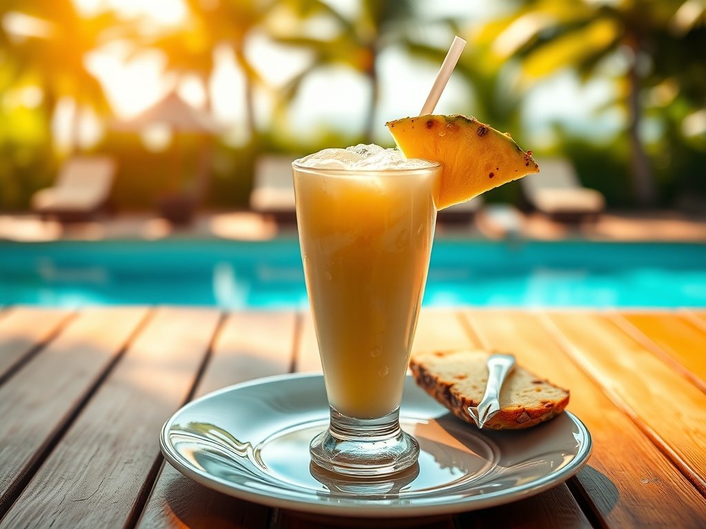 Frosty piña colada cocktail on a poolside table with tropical backdrop