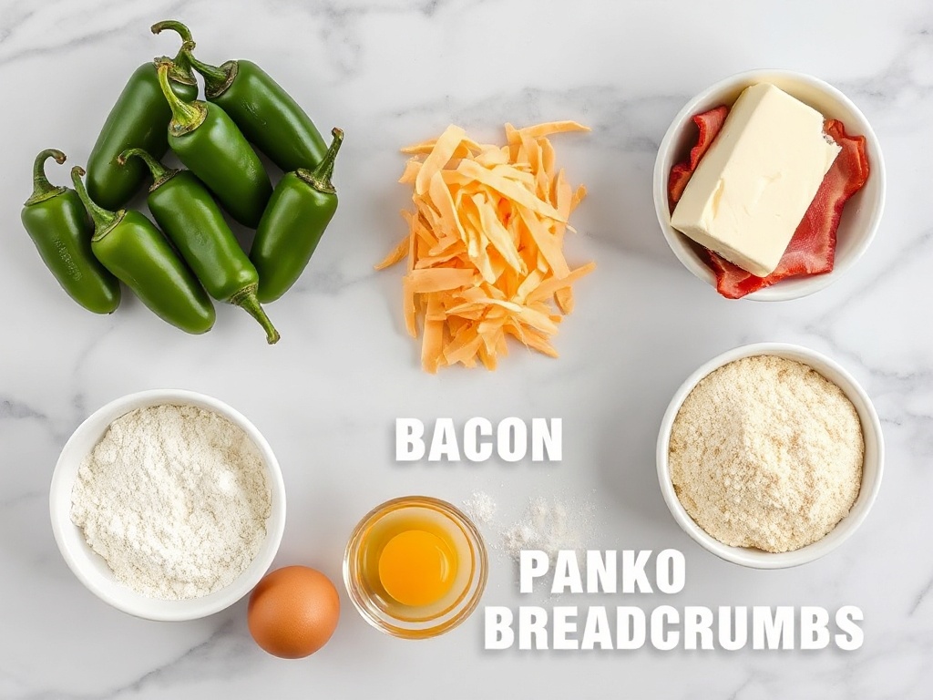Flat lay of ingredients for jalapeño popper bites: jalapeños, cream cheese, cheddar, bacon, panko, egg, flour, and garlic powder on a white marble background.