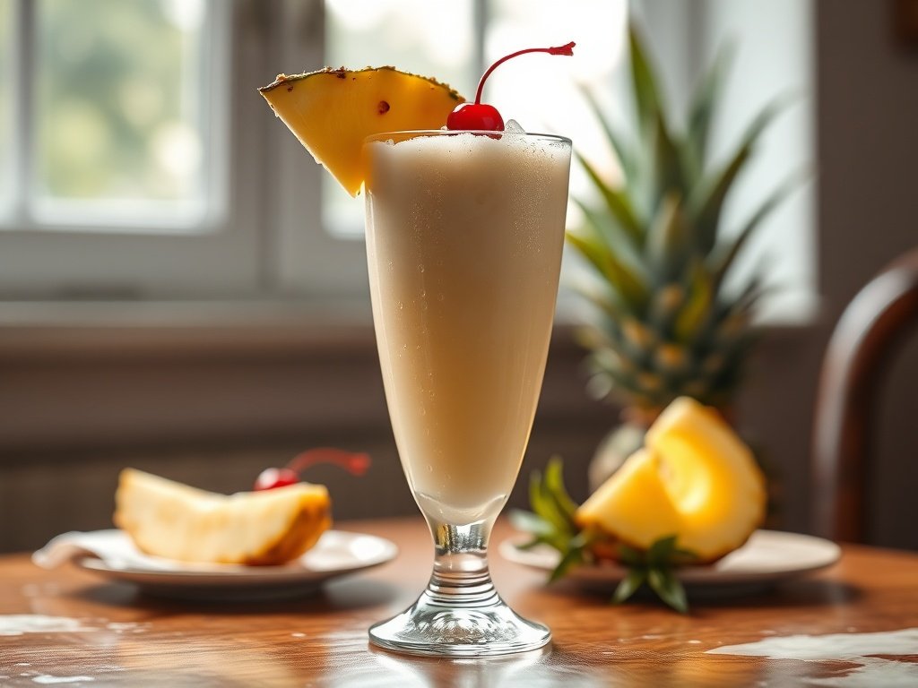 Creamy homemade piña colada in a hurricane glass with pineapple garnish