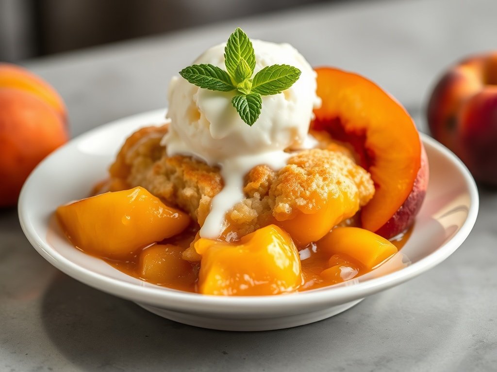 Plated peach cobbler with fresh peaches and a scoop of vanilla ice cream, garnished with mint