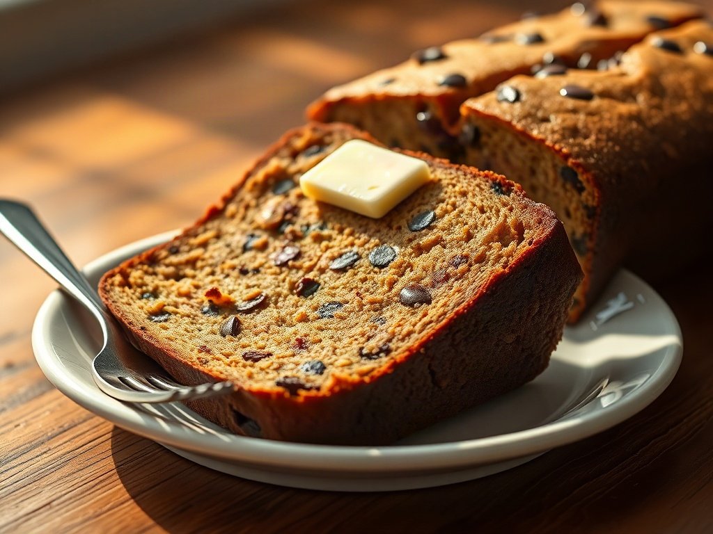 A thick slice of moist chocolate chip zucchini bread with melted butter on a white plate.