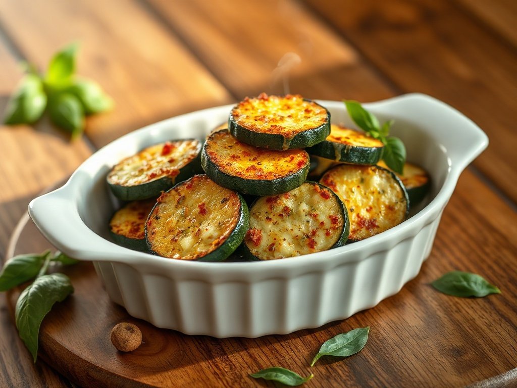 Plated garlic Parmesan baked zucchini rounds in a white serving bowl with fresh basil on a wooden table