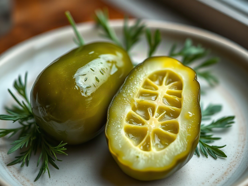 A whole and sliced classic dill canned pickle arranged on a white ceramic dish.