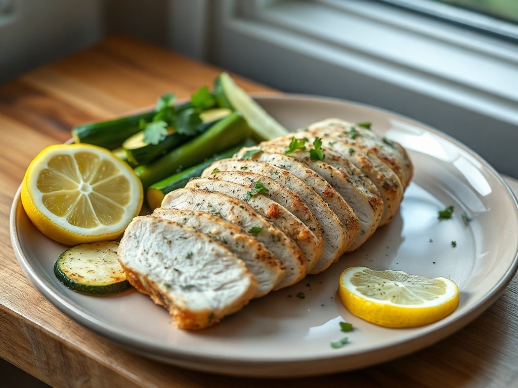 Sliced air fryer lemon herb chicken with zucchini on a plate, a healthy weight loss dinner.