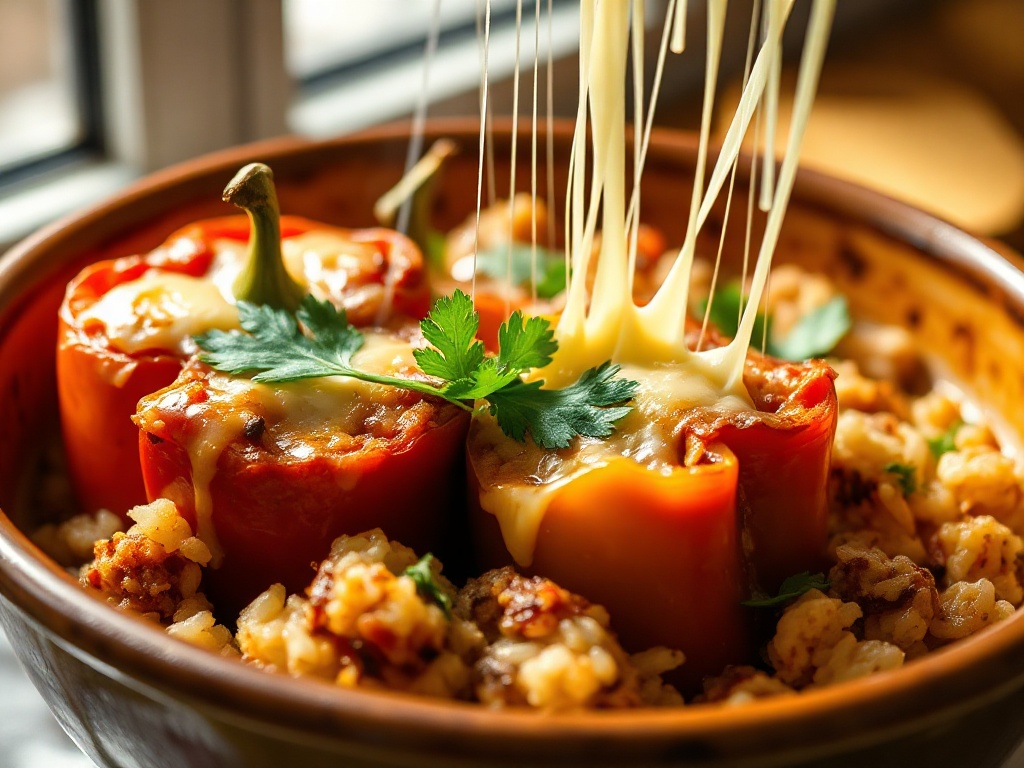 Bowl of unstuffed peppers skillet with ground beef, peppers, rice, and cheese.