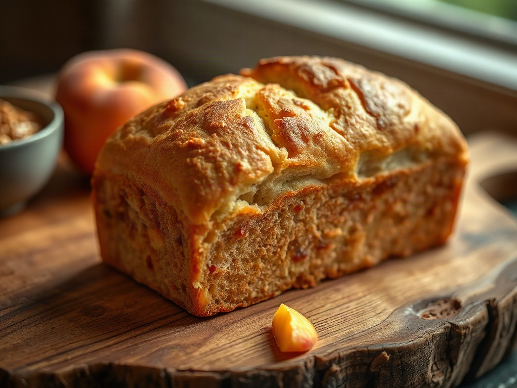 Moist peach bread loaf with fresh peaches