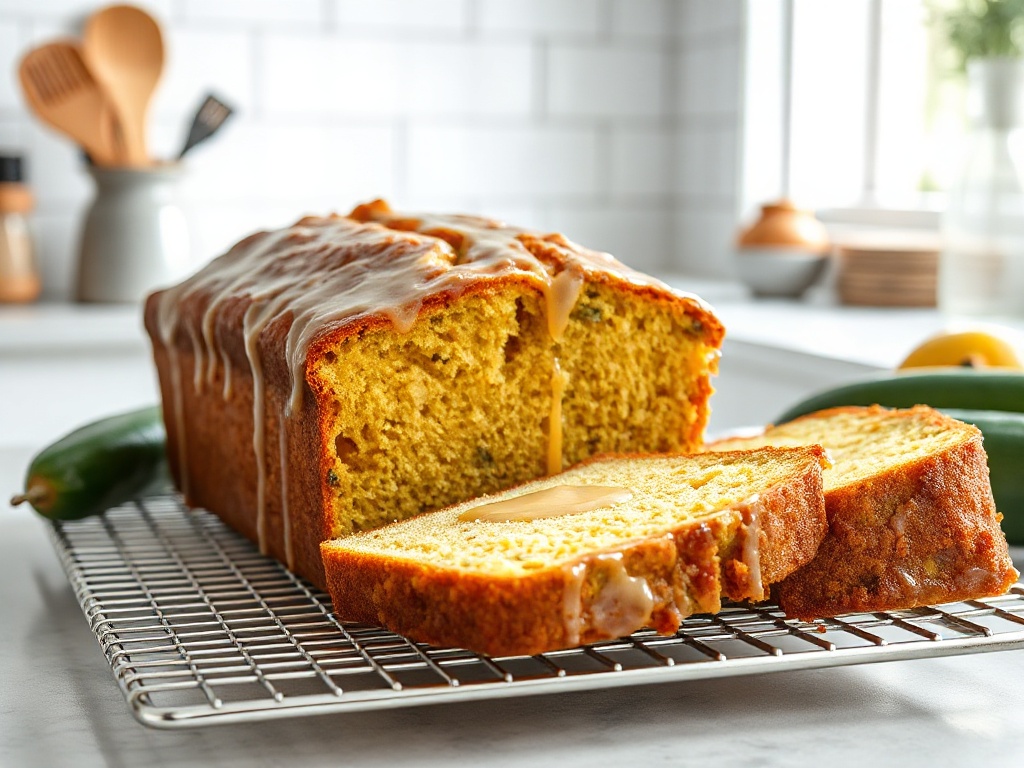Glazed lemon zucchini bread loaf with sliced pieces