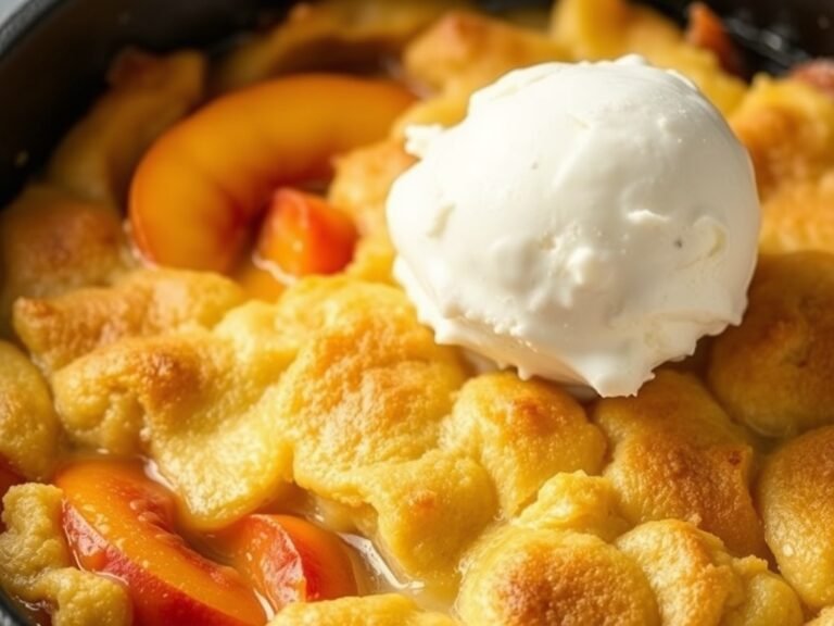 Warm peach cobbler with fresh peaches in a skillet, topped with vanilla ice cream