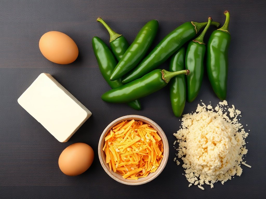 Flat lay of fresh ingredients for air fryer jalapeño poppers on a dark wood background.