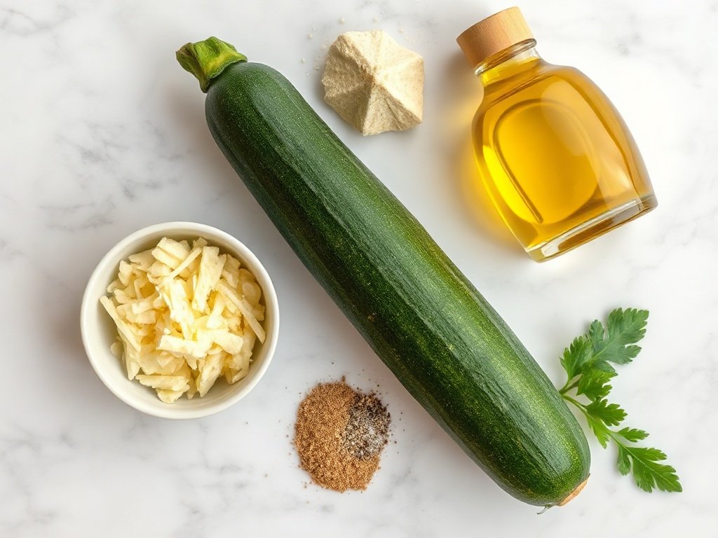 Flat lay of fresh zucchini, Parmesan cheese, olive oil, and seasonings on a marble surface