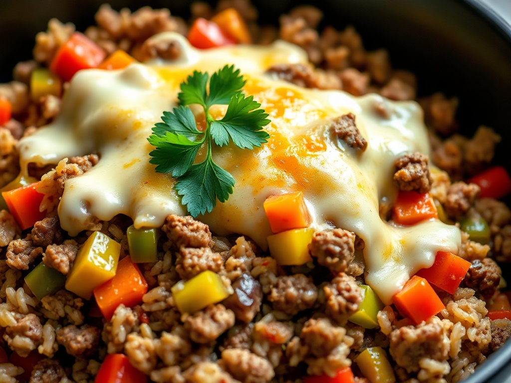 Easy Unstuffed Peppers Skillet with ground beef, bell peppers, rice, and melted cheese in a cast iron skillet.